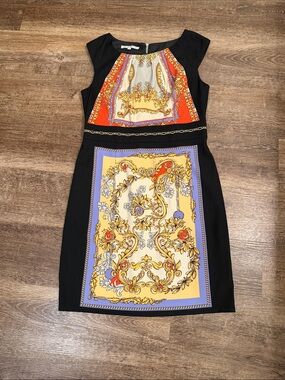 Maggy London Black Mini Dress with Yellow, Red & Purple Baroque Panels